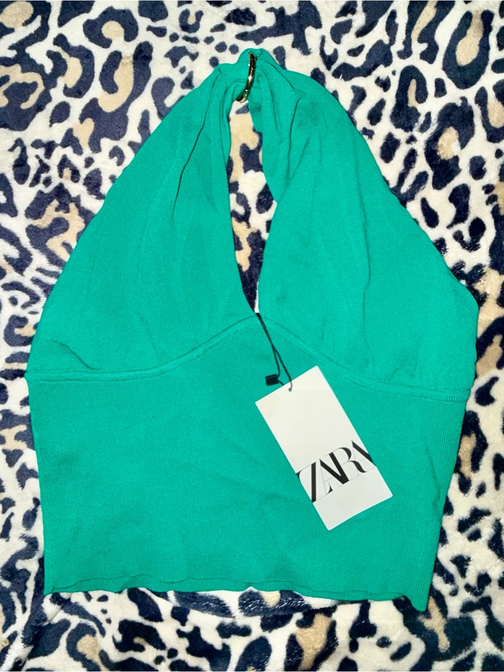 Zara Green Halter Crop Top with Ring Detail, NWT, size M